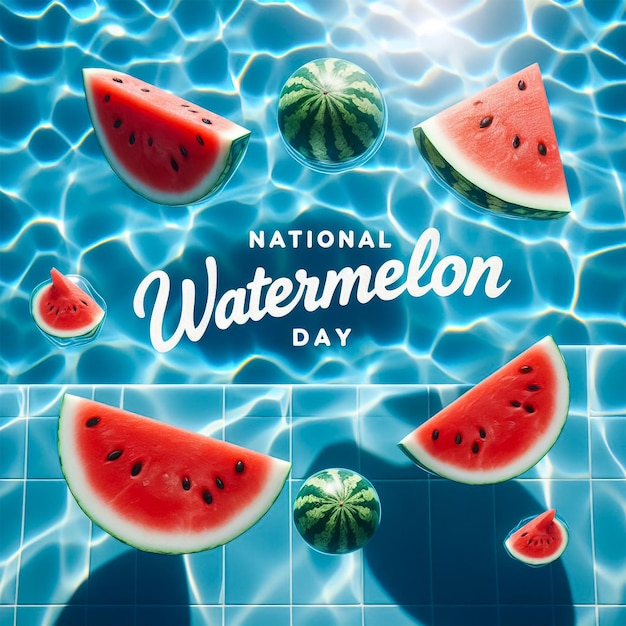 Photo watermelon slices floating in pool water with national watermelon day typography