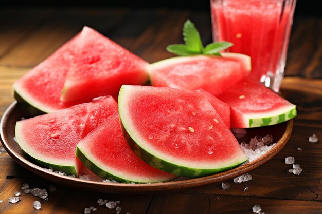 Watermelon slices on a platter with a sprinkle of mint sugar