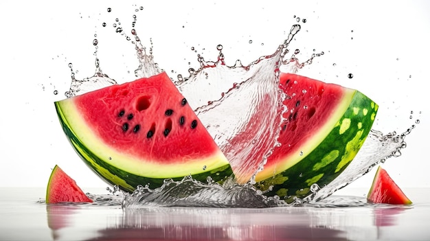 Watermelon slices splashing in a water splash