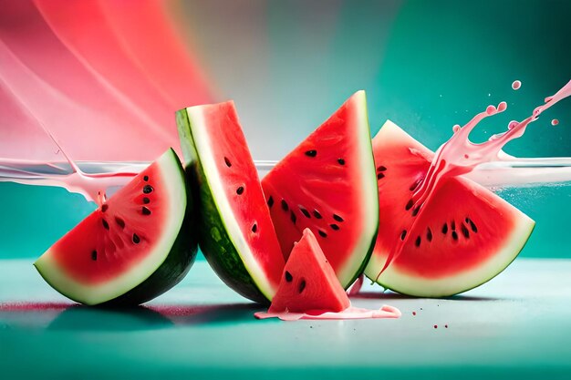 Watermelon slices on a table with a red background