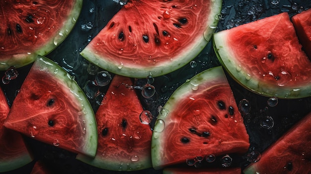 Watermelon slices on a tray with water droplets on it