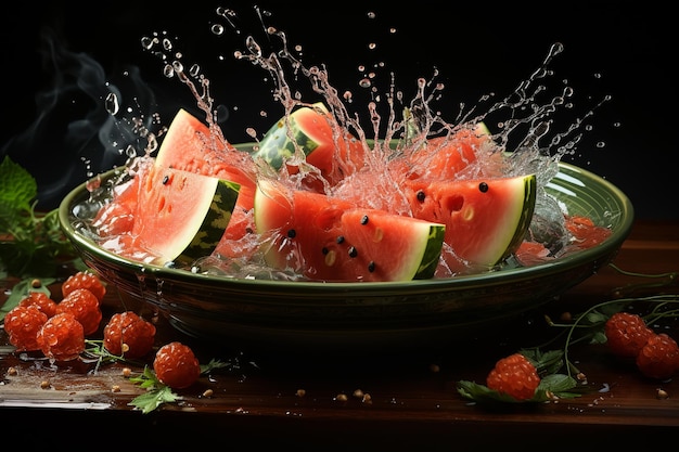 watermelon slices with knife and water drops and splashes on black background