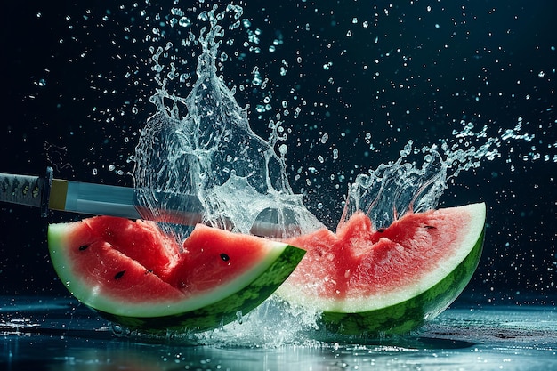 watermelon slices with knife and water drops and splashes on dark blue background