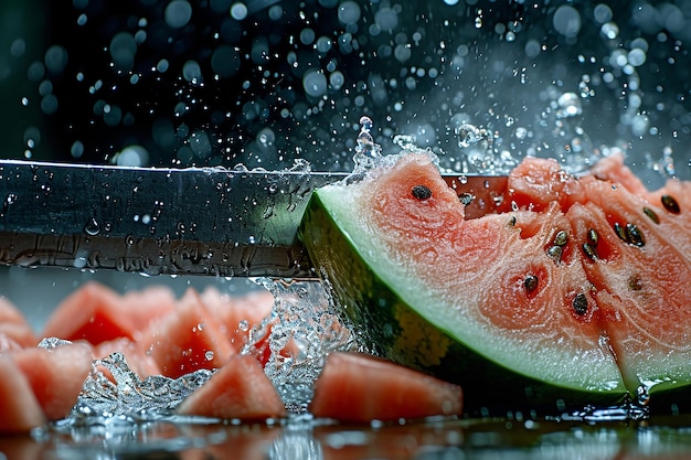 watermelon slices with knife and water drops and splashes on dark blue background