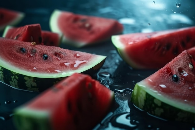 Watermelon slices with slices of ice on a blue background Generative ai