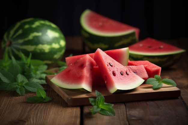 Watermelon slices on a wooden cutting board