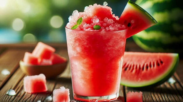 watermelon slushie vivid in color and perfectly chilled presented in a tall glass