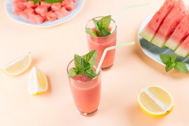 Watermelon smoothie with banana and lemon. Summer healthy refreshment drink