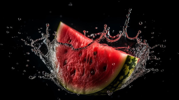 Watermelon splashing into a bowl with water drops