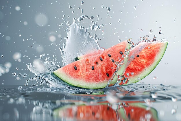 watermelon splashing into water with a grey background