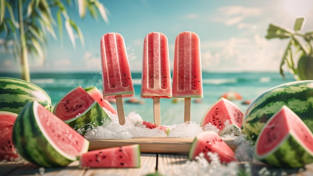 Photo watermelon on a stick with a beach in the background