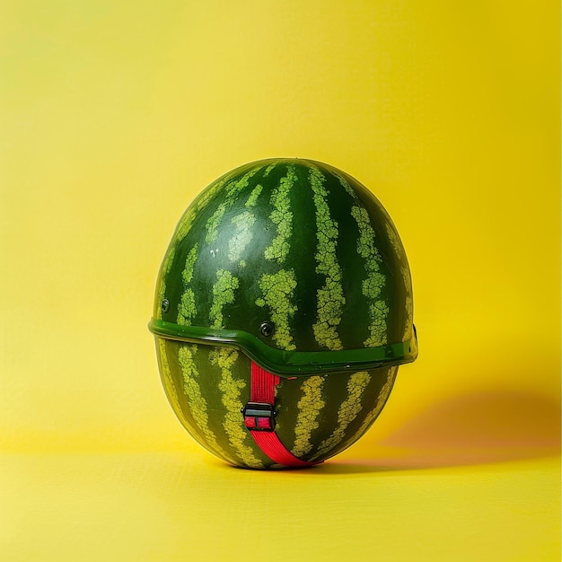 Watermelon Wearing a Green Helmet on Yellow Background