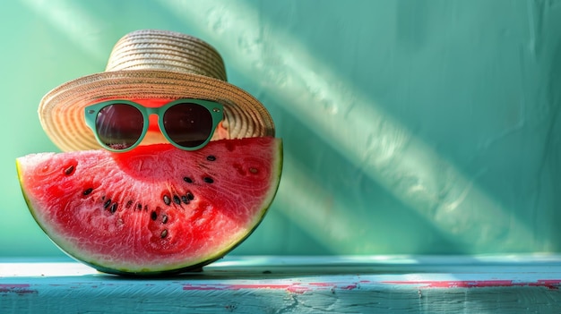 Photo watermelon wearing sunglasses and straw hat