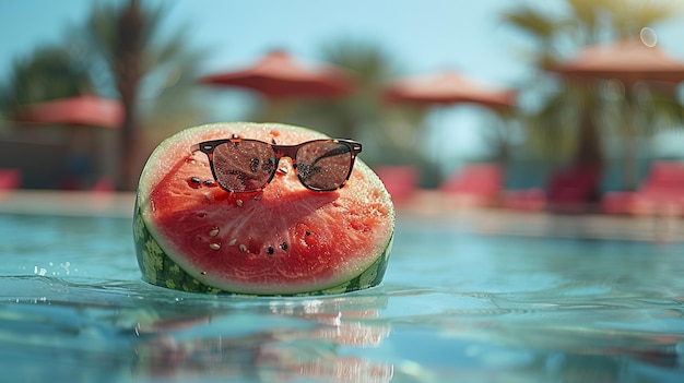 Photo watermelon wearing sunglasses in swimming pool