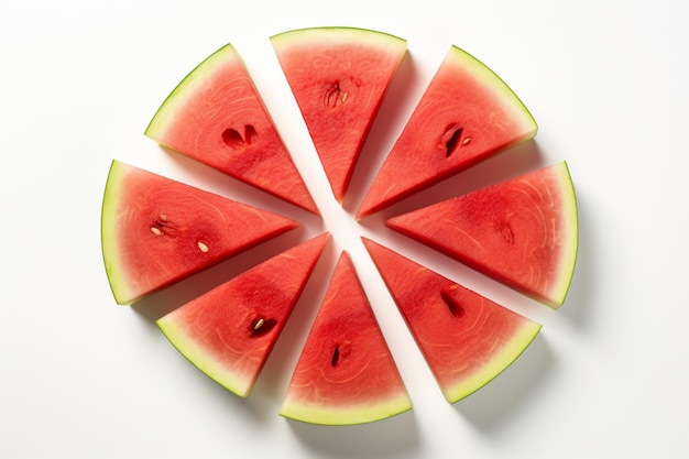 Watermelon wedges fanned out neatly on white surfac natural snack fruit Watermelon image