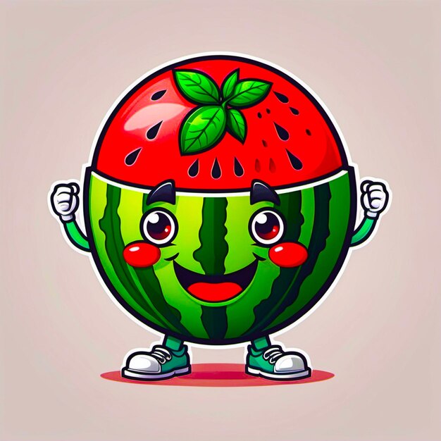 a watermelon with a face and hands raised up