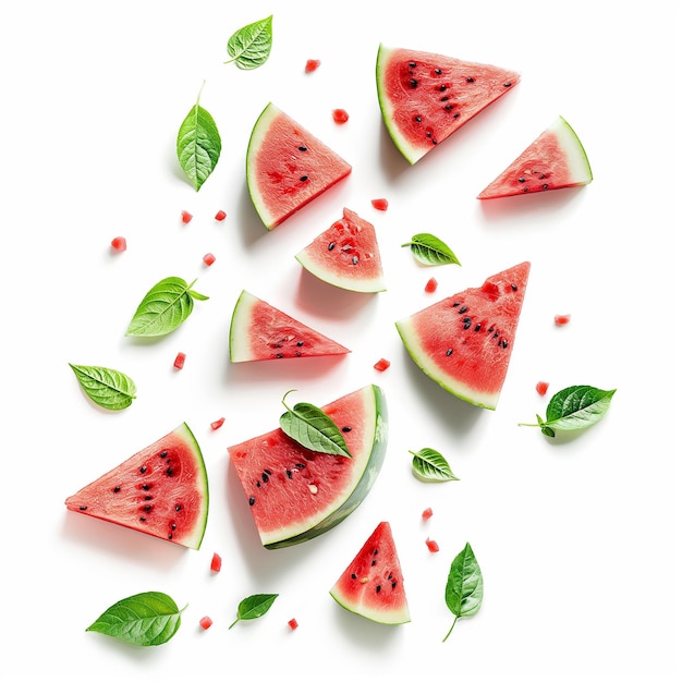 Photo watermelon with half slices falling on a white background