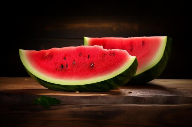 a watermelon with seeds on it is cut into slices