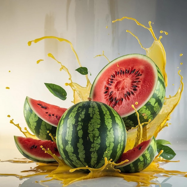 Photo a watermelon with a splash of yellow liquid and the word melon