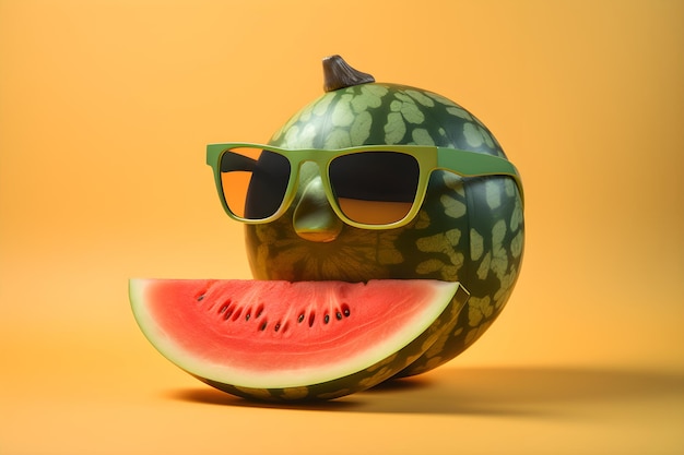 A watermelon with sunglasses on it and a slice of watermelon on its face.