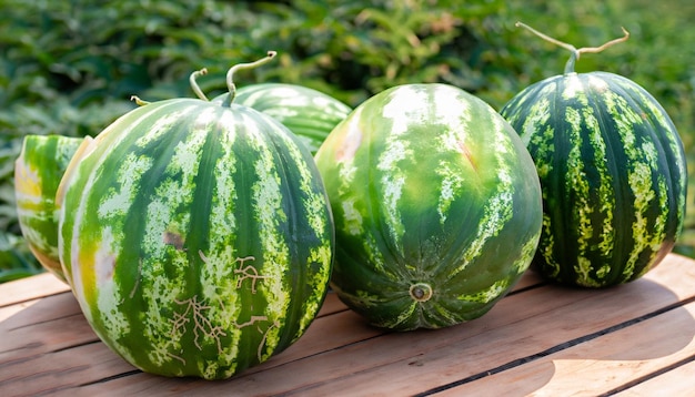 Watermelons on a table in a row