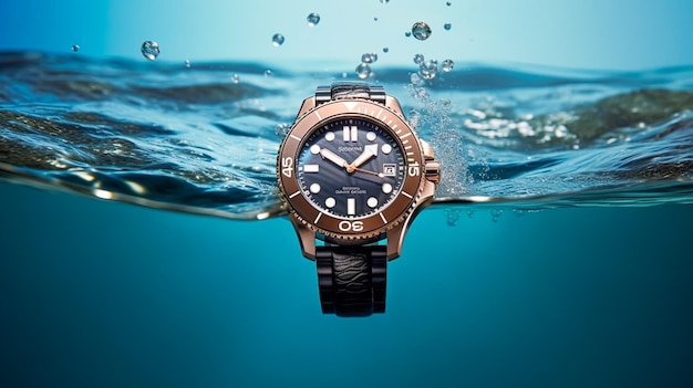 Waterproof luxury mens watch underwater in the ocean or sea commercial concept bespoke water resistant design generative ai