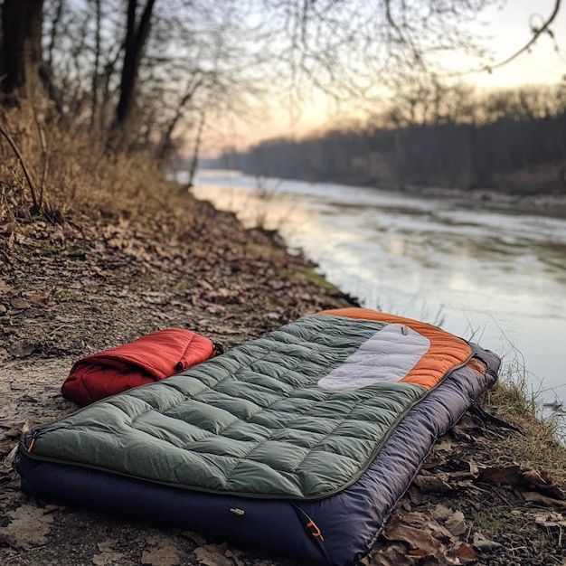 Photo waterproof sleeping bag and pad combo set up by a riverbank