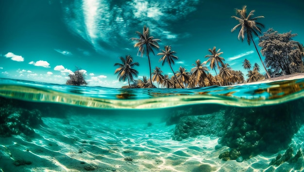 A watery beach with palm trees and blue sky