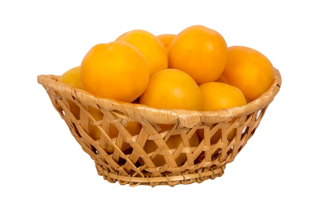 Wattled basket with ripe yellow apricots isolated on white background