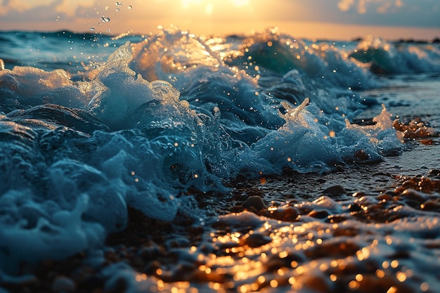 Photo a wave on the beach with the sun shining through the water