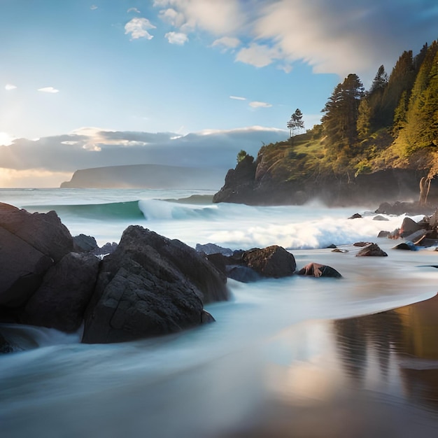 A wave breaks on the beach at sunset.