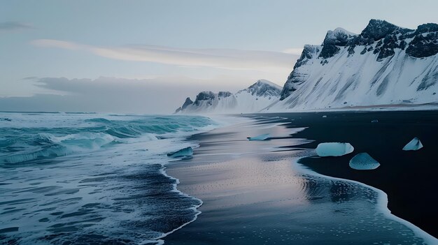 Photo a wave breaks on a beach with a rocky cliff in the background