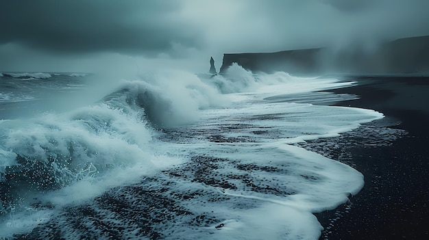 a wave breaks over a rocky beach and a man in a wet suit stands on a rock in front of a wave crashin