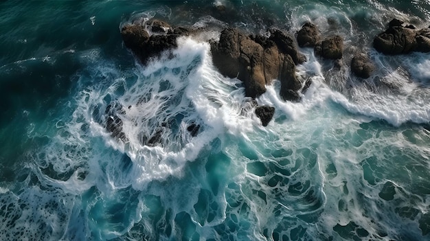 A wave breaks on a rocky shore with the word ocean on it.