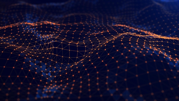 A wave of connecting lines and dots The concept of big data Abstract background of golden dots and lines 3d rendering