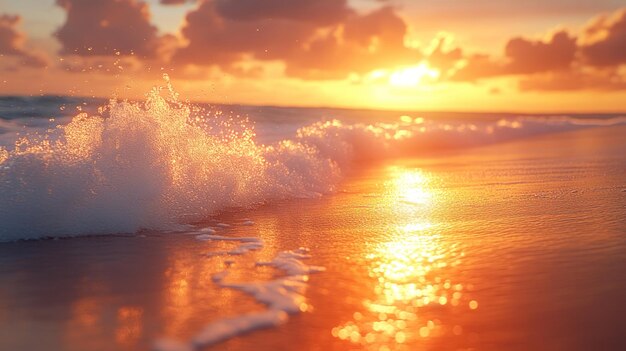 A wave crashes on the shore at sunset creating a foamy sunlit scene