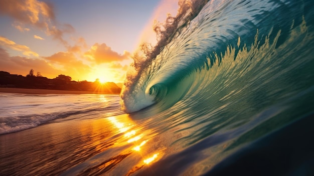 Wave crest at sunset The perfect place to surf in Hawaii The concept of attracting tourists to Hawaii