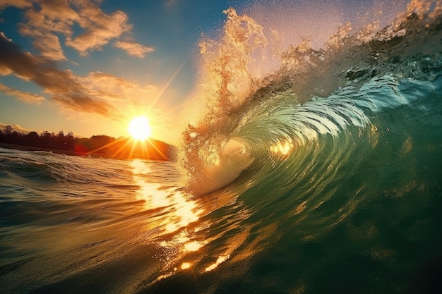 Wave formation in the sea accompanied by the sunset and its harmonious appearance in a curved way