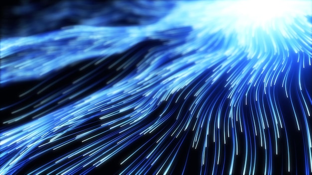 Wave of high speed data particle trails. 3D illustration with depth of field blur effect. suitable for big data, technology, networl and futuristic themes.