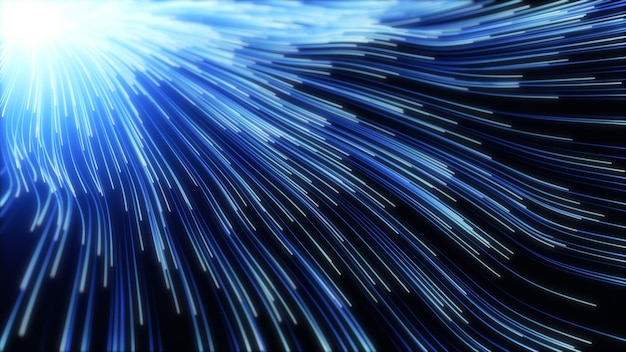 Wave of high speed data particle trails. 3D illustration with depth of field blur effect. suitable for big data, technology, networl and futuristic themes.