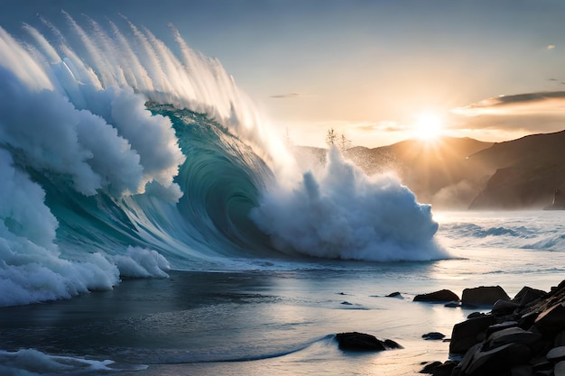 A wave is breaking on a beach with the sun setting behind it.