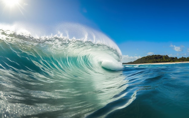 A wave is breaking in the ocean with the sun shining on it.