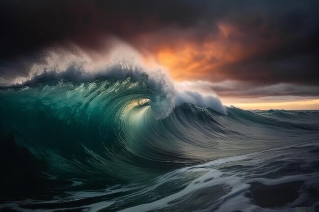 A wave is breaking in the ocean with the sun shining through the clouds.