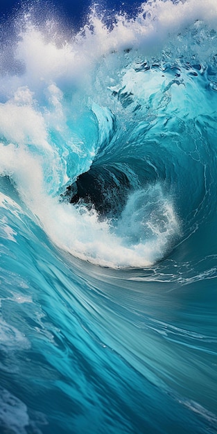 A wave is breaking in the ocean with the sun shining on the water.