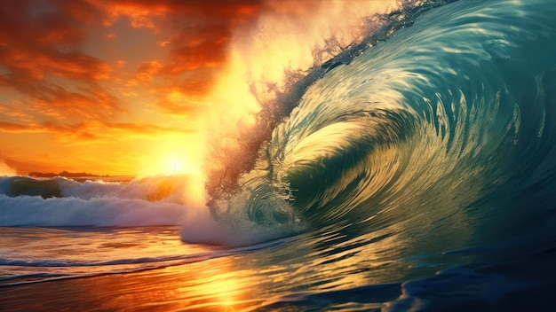 A wave is crashing on the beach with the sun setting behind it.