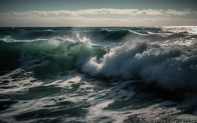 A wave is crashing on the shore and the sun is setting.