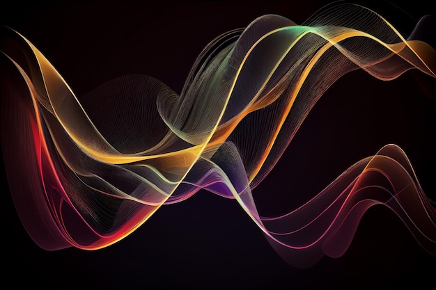 Wave lines trails flowing dynamic in diverse colors isolated on black backgroundgenerative ai