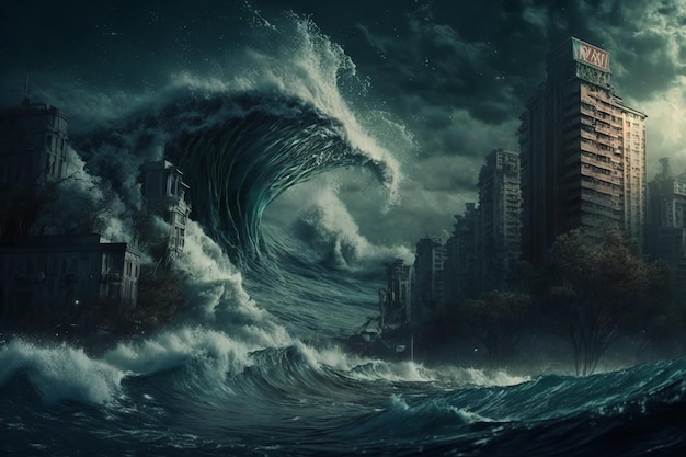 A wave in the ocean with a city in the background