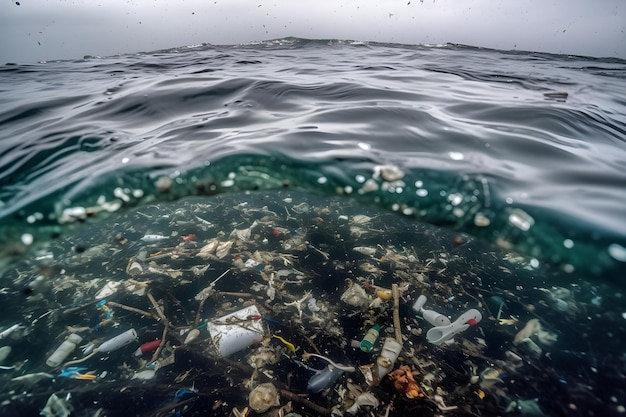 A wave in the ocean with a plastic bag in the water.