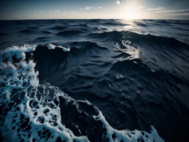 A wave in the ocean with the sun shining on it.